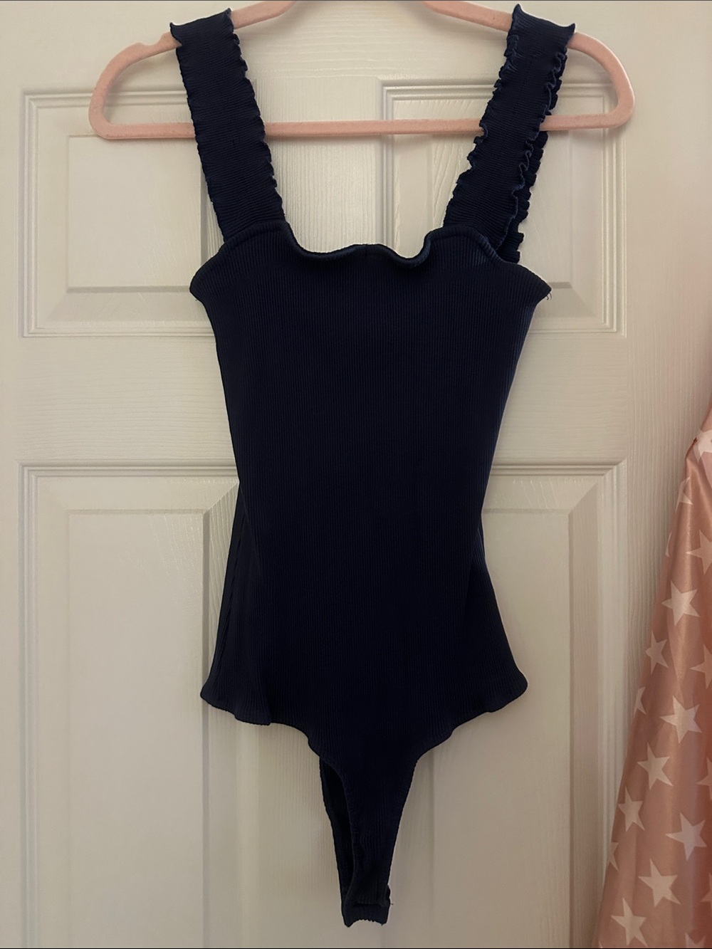 Juniors Navy One-Piece bodysuit with Ruffle Straps